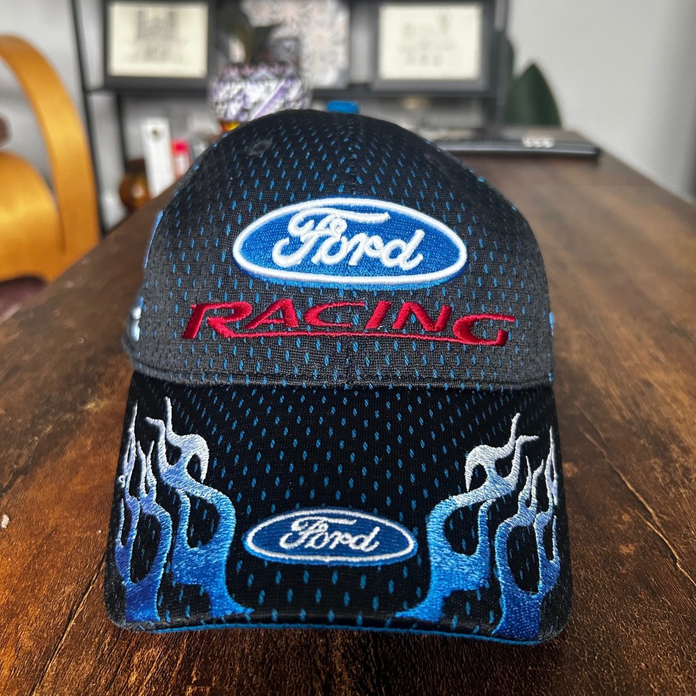 Ford Racing NASCAR Hat Black Blue Flame Mesh Embroidered Adjustable Baseball Cap